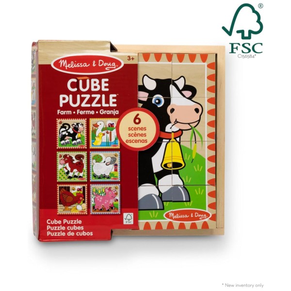 Encontraproduto.com.br - Quebra Cabeça em Cubo Infantil de Madeira, Tema Fazenda com Bandeja de Armazenamento e 16 Peças, Melissa & Doug