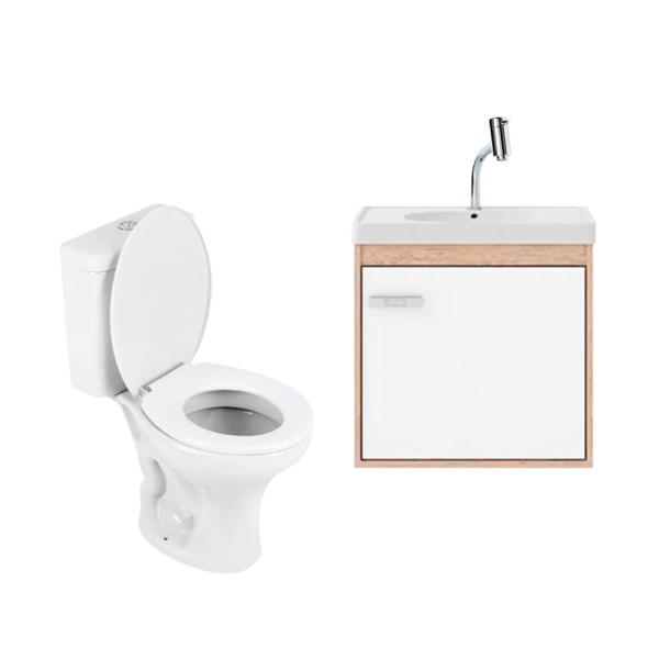 Encontraproduto.com.br - KIT vaso sanitário com assento e acessórios de instalação + conjunto de banheiro com espelho Berlin branco + Torneira de lavatório cromada