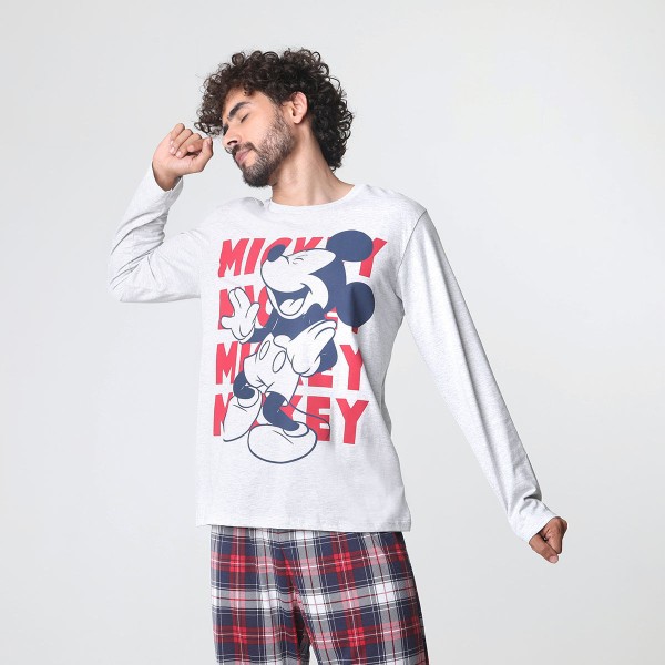 Pijama Manga Longa Estampa Mickey Xadrez Cinza - Disney V