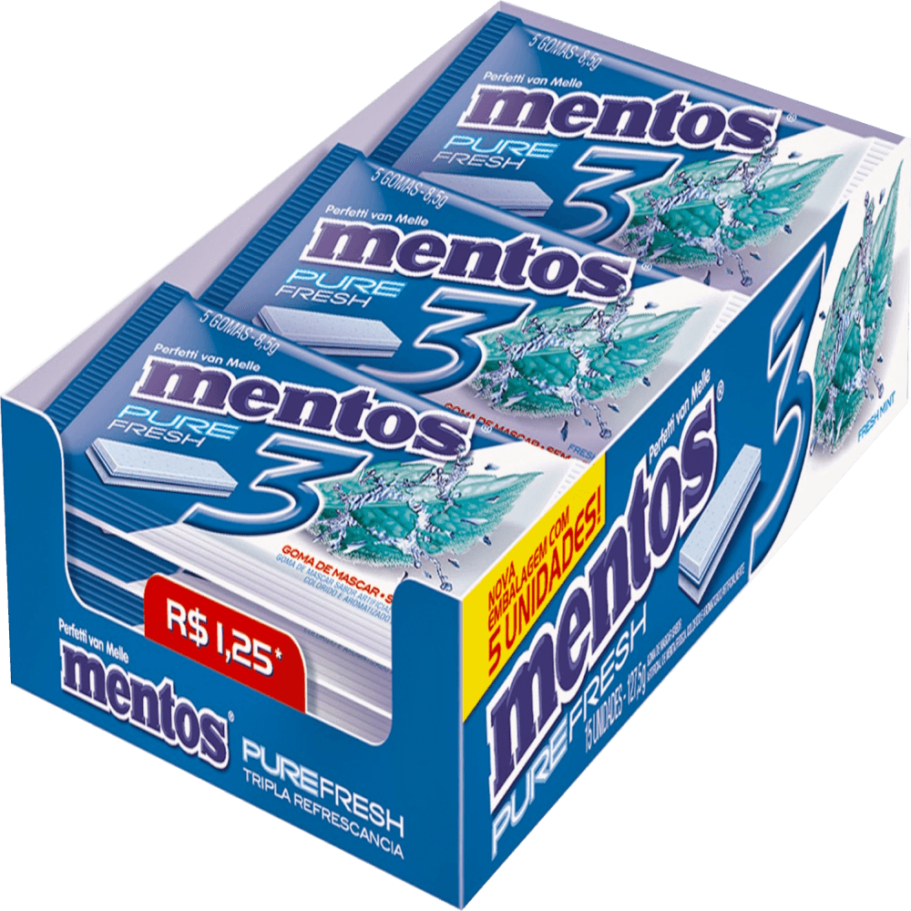 Encontraproduto.com.br - Goma de Mascar Menta Fresca Zero Açúcar com 3 Camadas de Refrescância Mentos Pure Fresh Envelope 8,5g 5 Unidades
