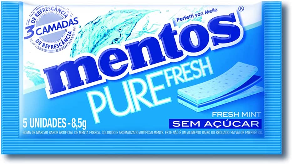 Encontraproduto.com.br - Goma de Mascar Menta Fresca Zero Açúcar com 3 Camadas de Refrescância Mentos Pure Fresh Envelope 8,5g 5 Unidades