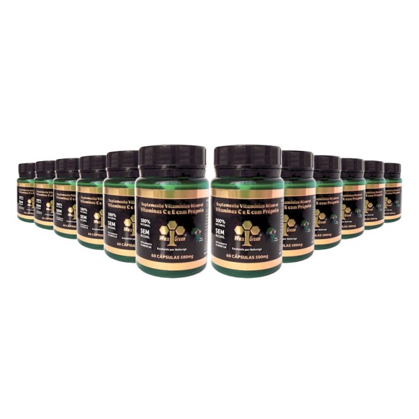 Encontraproduto.com.br - Kit 12x Vitaminas C & E com Própolis Verde 85% Extrato Seco (500mg) 60 Cápsulas  - Wax Green