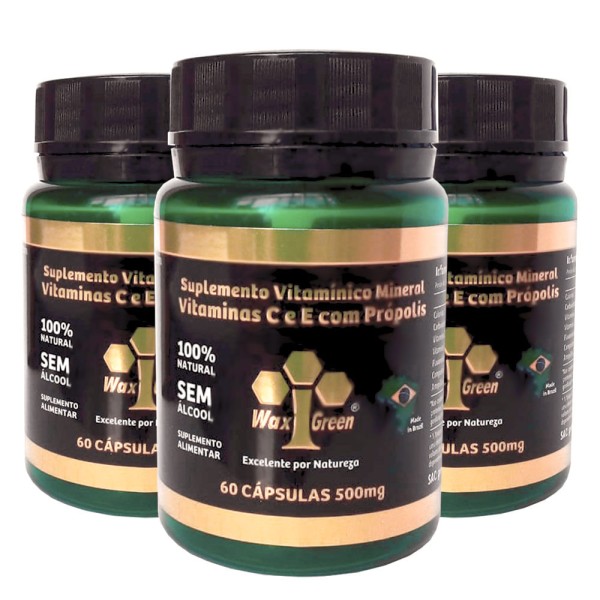 Encontraproduto.com.br - Kit 3x Vitaminas C & E com Própolis Verde 85% Extrato Seco (500mg) 60 Cápsulas  - Wax Green