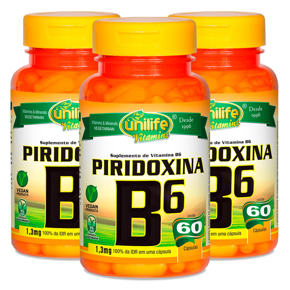 Kit 3x Vitamina B6 Piridoxina 60 Cápsulas Vegetarianas - Unilife