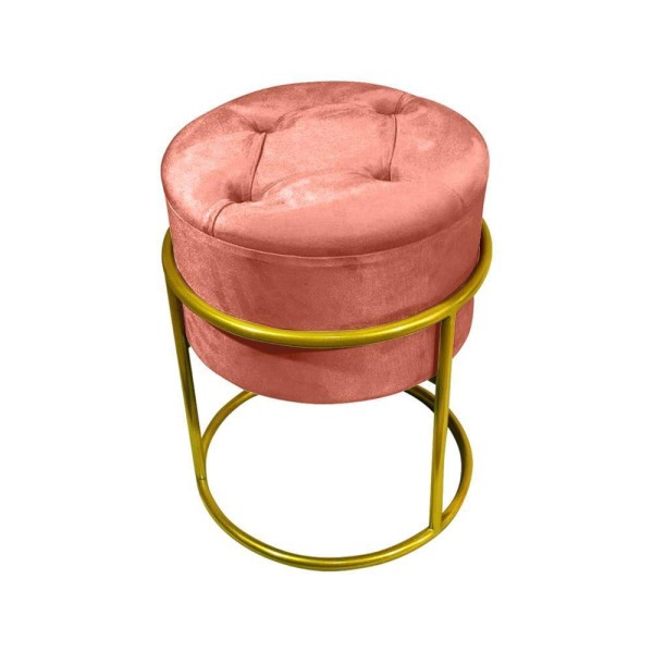 Encontraproduto.com.br - Puff Decorativo Redondo Com Capitonê Base De Ferro Dourada Tecido Veludo Rosê Rosa
