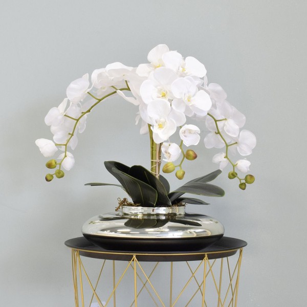 Encontraproduto.com.br - Arranjo com Três Orquídeas Brancas no Vaso Terrário Prateado | Formosinha