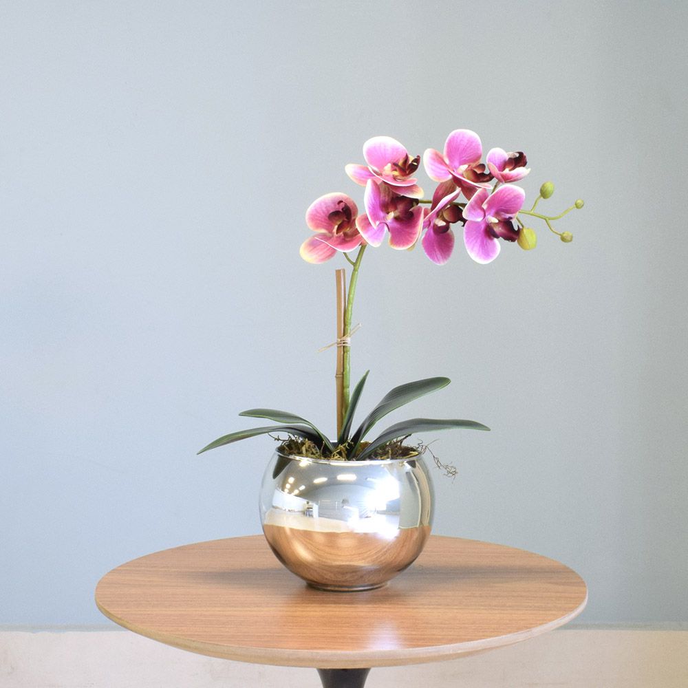 Encontraproduto.com.br - Arranjo de Orquídea Artificial Rosa no Vaso Médio Espelhado Prata