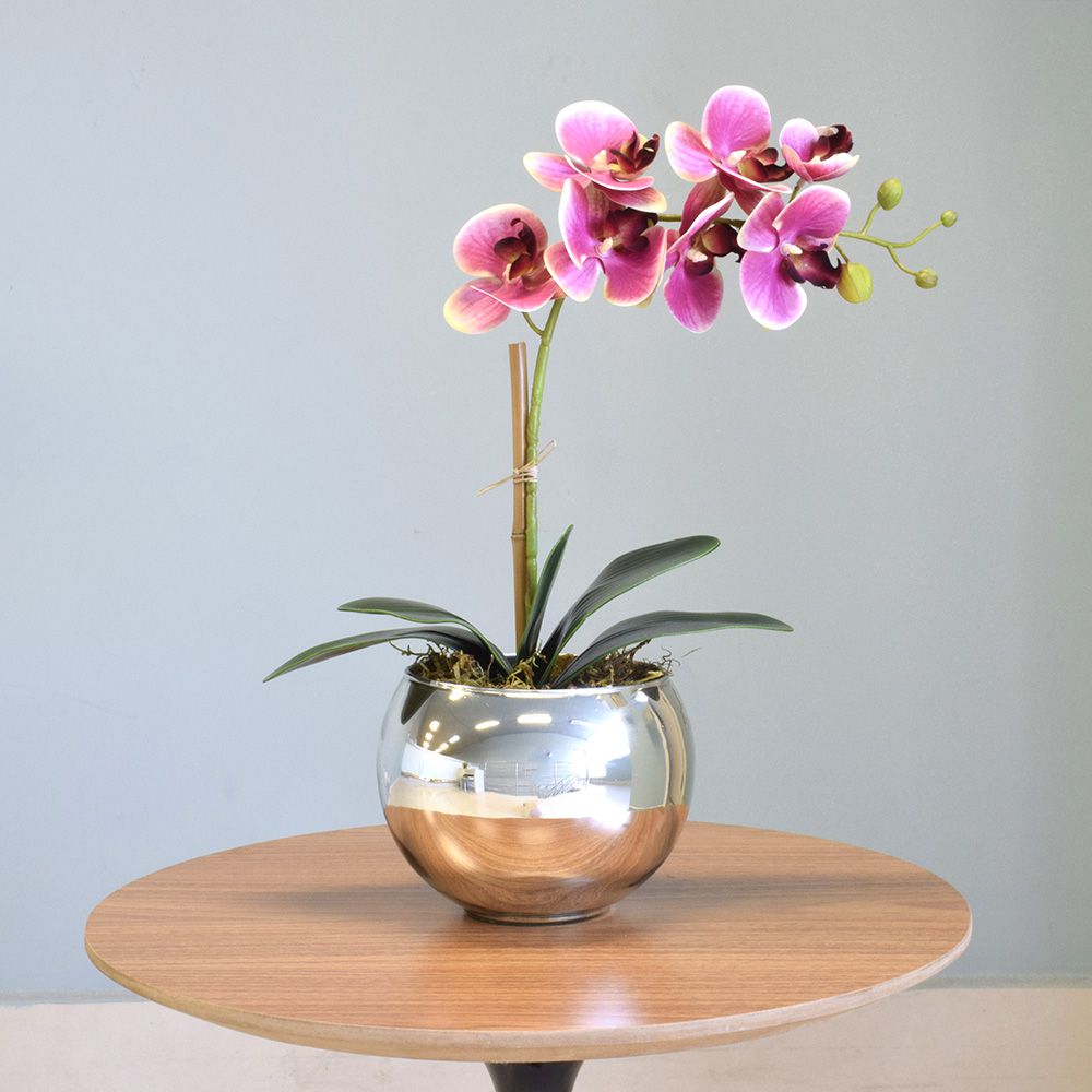 Encontraproduto.com.br - Arranjo de Orquídea Artificial Rosa no Vaso Médio Espelhado Prata