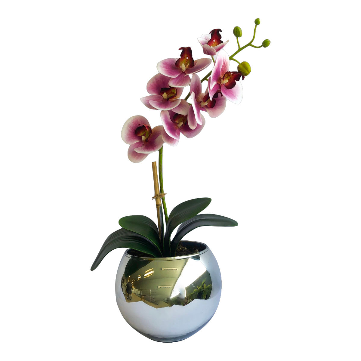 Encontraproduto.com.br - Arranjo de Orquídea Artificial Rosa no Vaso Médio Espelhado Prata