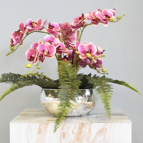 Encontraproduto.com.br - Arranjo Orquídeas e Samambaia Artificial no Vaso Prateado | Formosinha