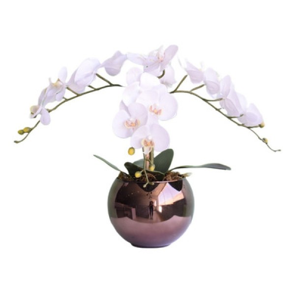 Encontraproduto.com.br - Flor Artificial Arranjo de 3 Orquídeas Silicone Brancas no Vaso Vidro Bronze | Formosinha
