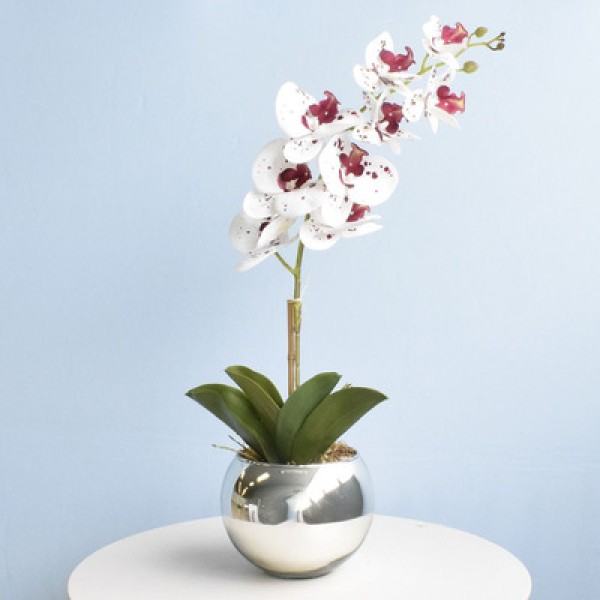 Encontraproduto.com.br - Arranjo Orquídea Artificial Tigre no Vaso Prateado M | Formosinha