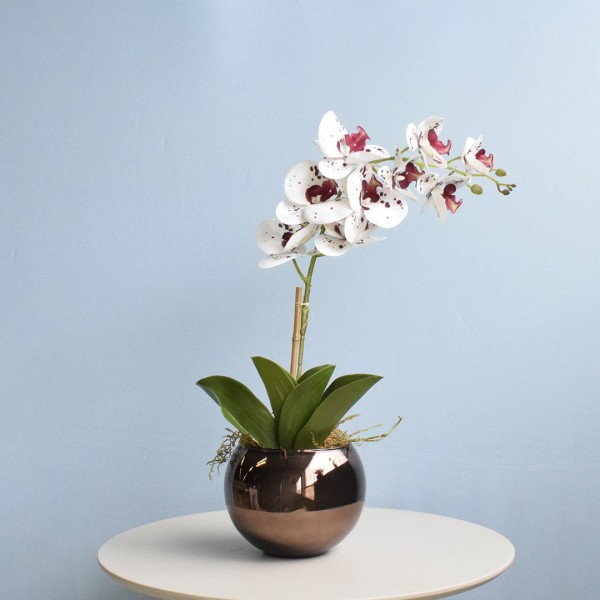 Encontraproduto.com.br - Arranjo de Orquídea Artificial Tigre no Vaso Bronze M |formosinha