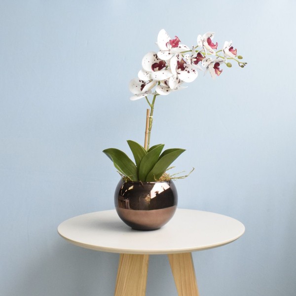 Encontraproduto.com.br - Arranjo de Orquídea Artificial Tigre no Vaso Bronze M |formosinha