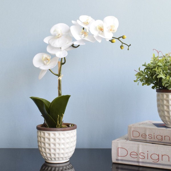 Encontraproduto.com.br - Arranjo Orquídea Artificial Vaso de Cerâmica Branco| Formosinha