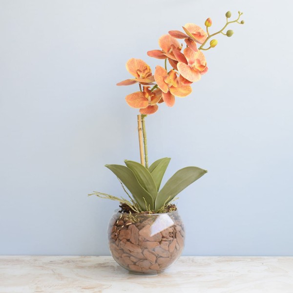 Encontraproduto.com.br - Arranjo de Orquídea Laranja 3d no Vaso de Vidro Médio