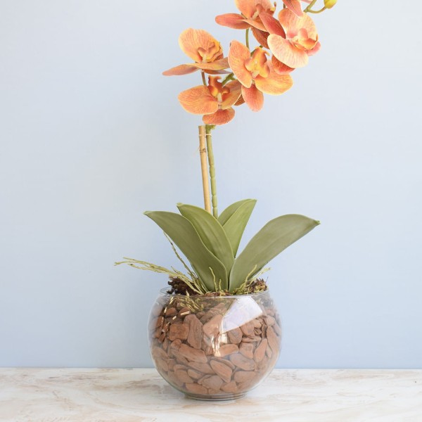 Encontraproduto.com.br - Arranjo de Orquídea Laranja 3d no Vaso de Vidro Médio