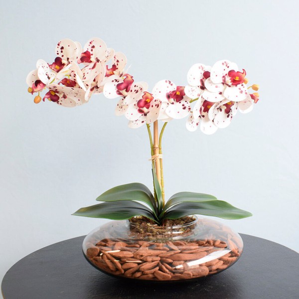 Encontraproduto.com.br - Arranjo Duas Orquídeas Artificiais Tigre no Vaso de Vidro | Formosinha
