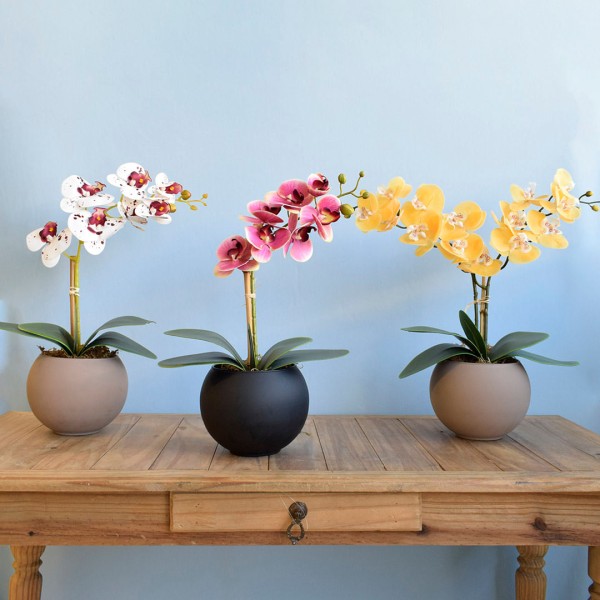 Encontraproduto.com.br - Arranjo Orquídea Rosa Artificial no Vaso de Vidro Preto | Formosinha
