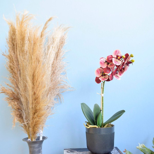 Encontraproduto.com.br - Arranjo Orquídea Artificial Coral no Vaso Preto | Formosinha