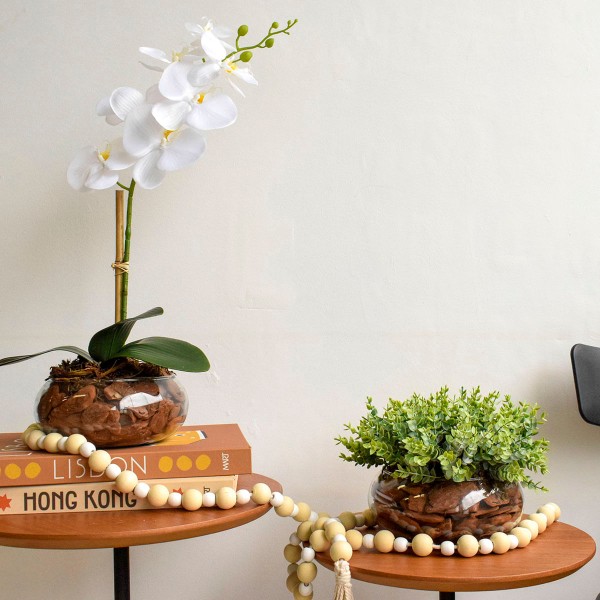 Encontraproduto.com.br - Arranjo de Orquídea Branca Artificial no Vaso de Vidro Achatado | Arranjos Formosinha