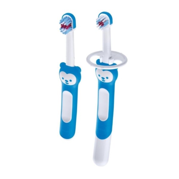 Encontraproduto.com.br - Kit Escova Mam Learn To Brush Azul 2 Unidades