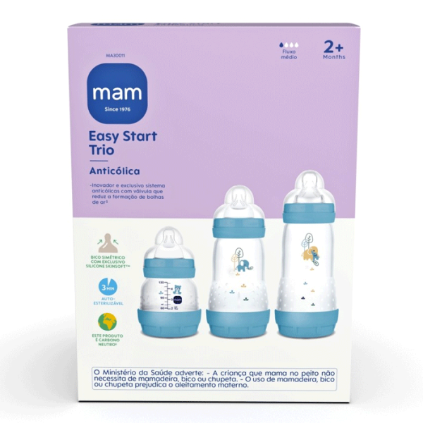 Encontraproduto.com.br - Kit com 3 Mamadeiras Easy Start 130/260/320ml Azul - MAM
