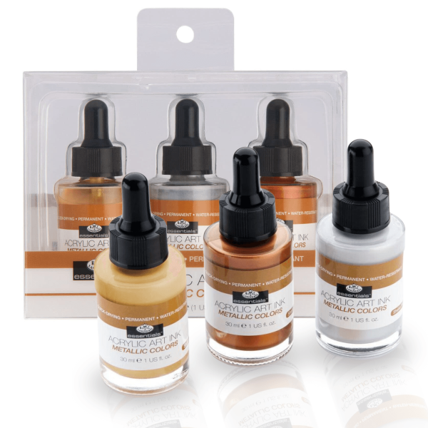Encontraproduto.com.br - Kit Tinta Nankin Cores 03 Cores Acrylic Ink Metallic Colors Royal e Langnickel - Ink-set3
