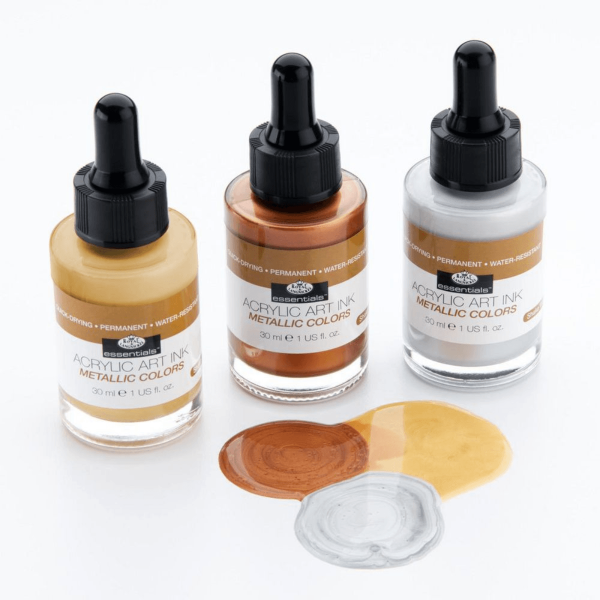 Encontraproduto.com.br - Kit Tinta Nankin Cores 03 Cores Acrylic Ink Metallic Colors Royal e Langnickel - Ink-set3