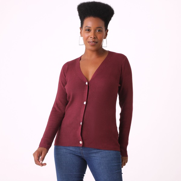 Cardigan Manga Longa Canelado Liso Vinho - Viva
