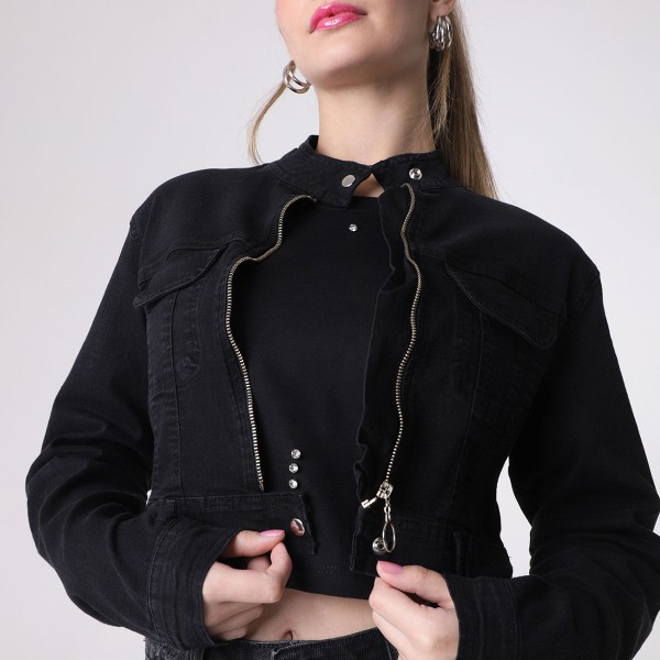 Encontraproduto.com.br - Jaqueta Manga Longa Jeans Biker Cropped Zíper