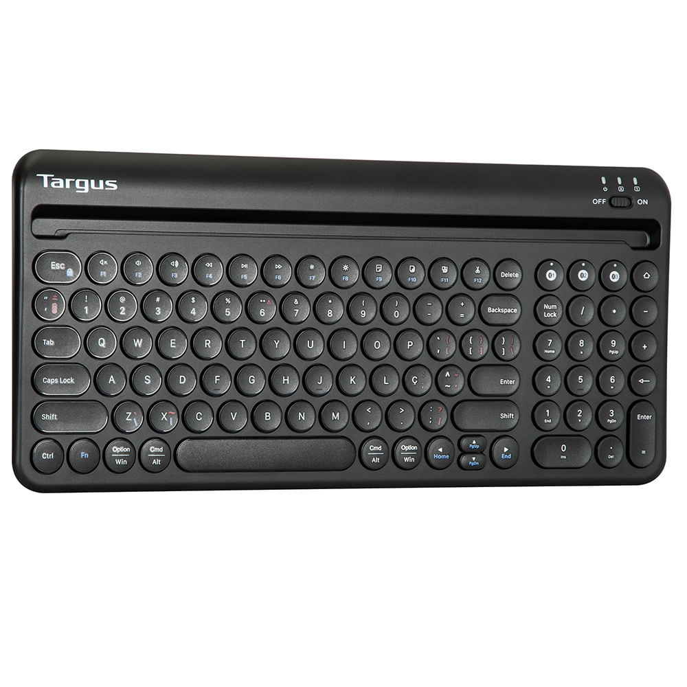 Encontraproduto.com.br - Teclado Sem Fio Apoio p/ Tablet Antimicrobiano Dual Mode Bluetooth 5.1 + USB 2.4ghz até 3 Dispositivos Targus - AKB867