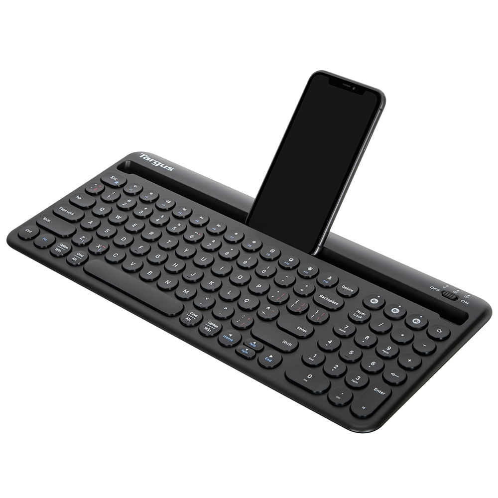Encontraproduto.com.br - Teclado Sem Fio Apoio p/ Tablet Antimicrobiano Dual Mode Bluetooth 5.1 + USB 2.4ghz até 3 Dispositivos Targus - AKB867