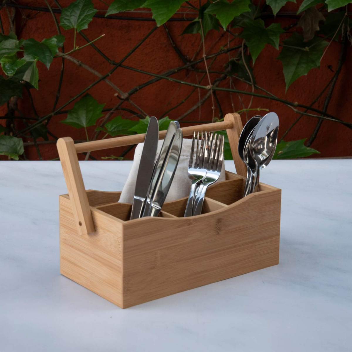 Encontraproduto.com.br - Suporte Porta Talheres Utensílios De Mesa Em Bambu Com Alça