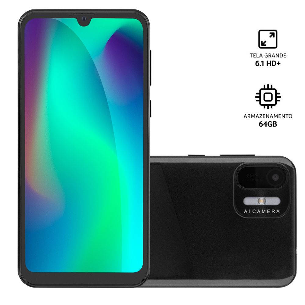 Encontraproduto.com.br - Smartphone Multilaser F Max 2 P9165 64GB Preto 3G - 1GB RAM Câmera Traseira 8MP + Selfie 5MP Tela 6.1