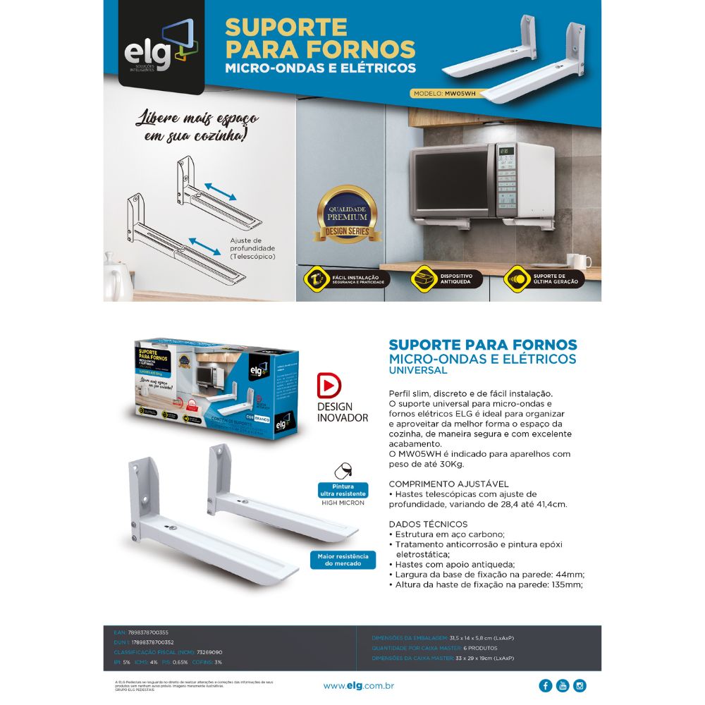 Encontraproduto.com.br - Suporte para Forno Micro-ondas com Base Regulável ELG MW05WH Branco