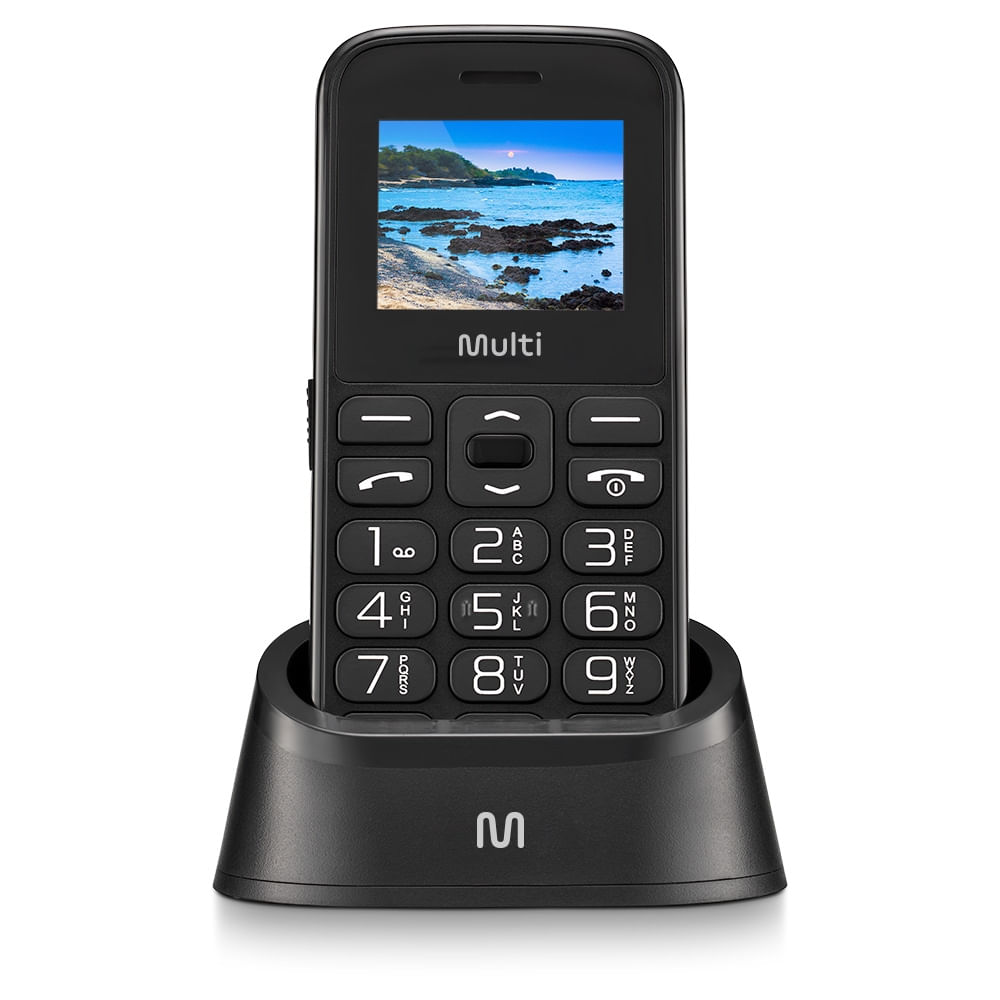 Encontraproduto.com.br - Celular Multilaser Vita com Base Carregadora Dual Chip  + Botão SOS + Rádio FM + MP3 + Bluetooth + Câmera - Preto - P9121OUT [Reembalado] P9121OUT