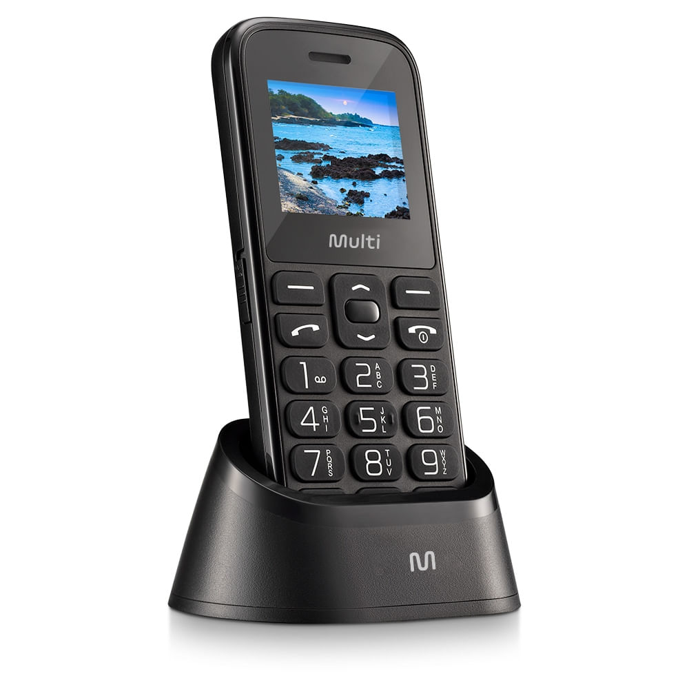 Encontraproduto.com.br - Celular Multilaser Vita com Base Carregadora Dual Chip  + Botão SOS + Rádio FM + MP3 + Bluetooth + Câmera - Preto - P9121OUT [Reembalado] P9121OUT