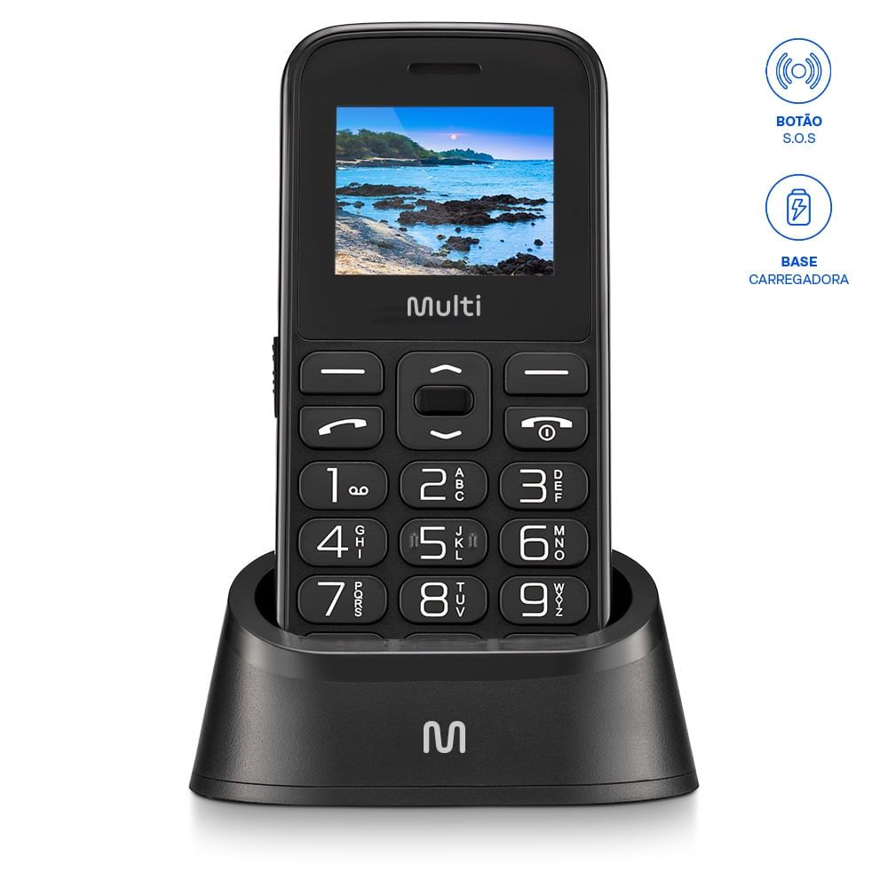 Encontraproduto.com.br - Celular Multilaser Vita com Base Carregadora Dual Chip  + Botão SOS + Rádio FM + MP3 + Bluetooth + Câmera - Preto - P9121OUT [Reembalado] P9121OUT