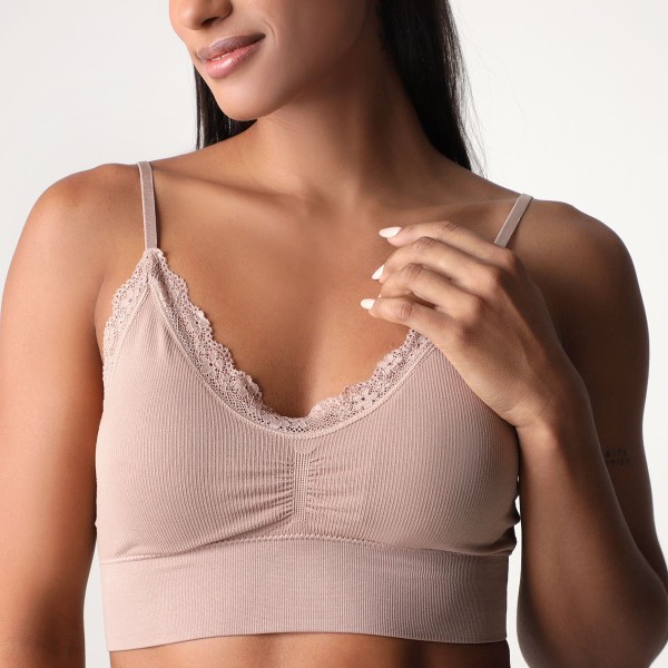 Encontraproduto.com.br - Sutiã Top Canelado Renda Marrom - Uniq