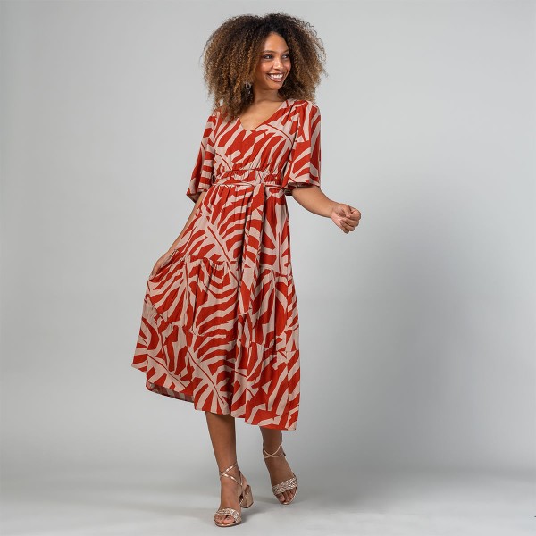 Vestido Longo Manga Curta Estampado Laranja - Viva