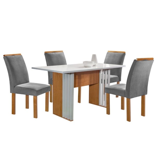 Encontraproduto.com.br - Mesa de Jantar 4 Cadeiras Tampo de Vidro Cinza/Cinamomo/Off White Stambul Cel Móveis