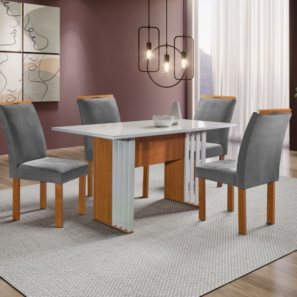 Encontraproduto.com.br - Mesa de Jantar 4 Cadeiras Tampo de Vidro Cinza/Cinamomo/Off White Stambul Cel Móveis
