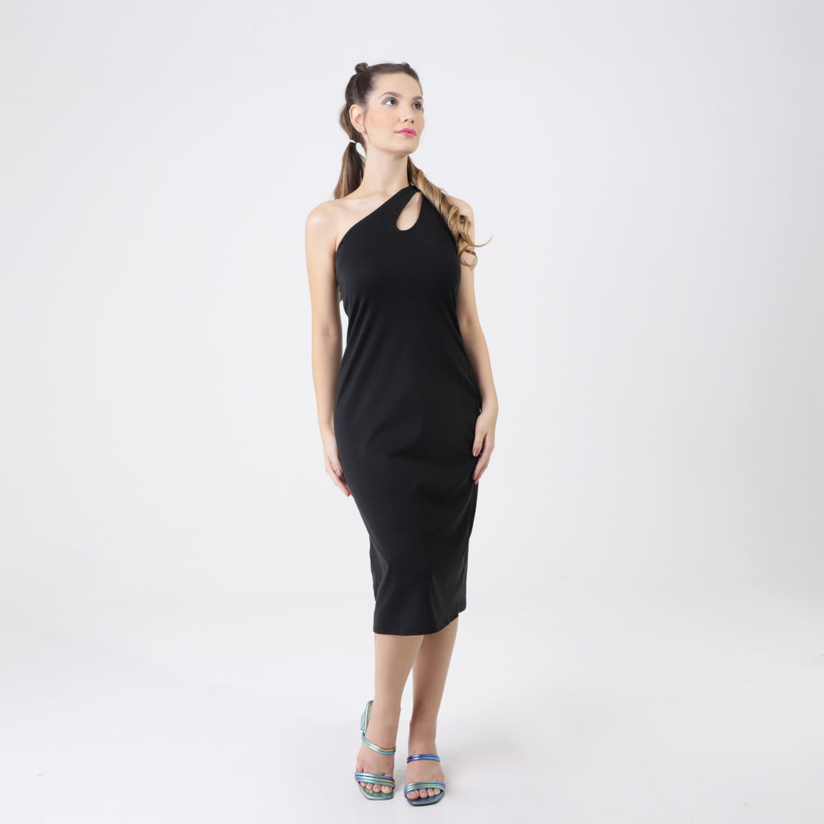 Encontraproduto.com.br - Vestido Midi Slim Ombro Único Recorte Preto - N@ Real