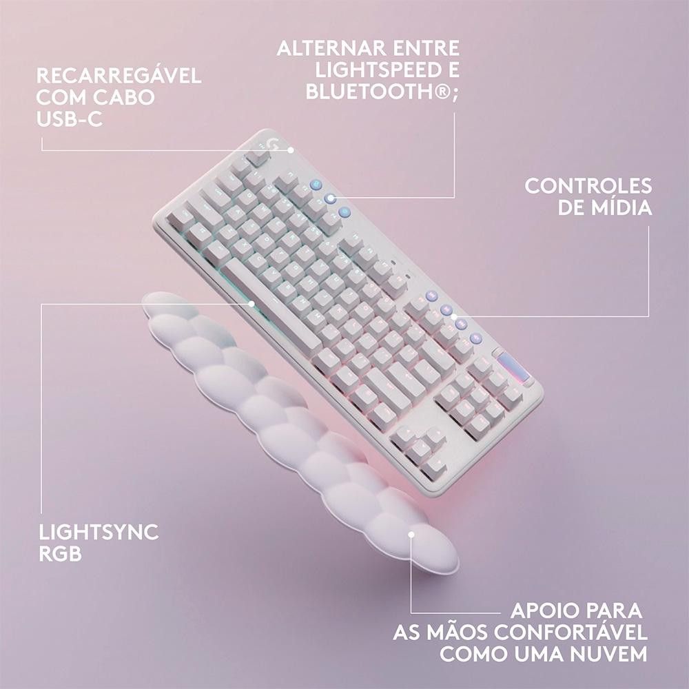 Encontraproduto.com.br - Teclado Gamer Sem Fio Logitech G715 Aurora Lightspeed RGB Mecânico Switch GX Red Linear Bluetooth Branco - 920-010706