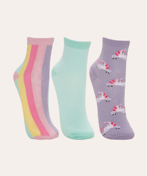 Encontraproduto.com.br - kit 3 pares de meias infantis cano baixo unicórnios multicor