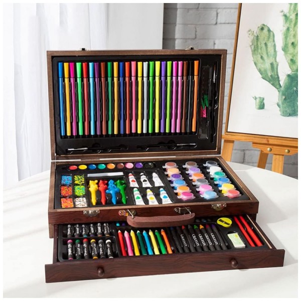 Encontraproduto.com.br - Kit de Pintura XARONF com 130 Peças e Caixa de madeira Portátil, Marrom Escuro