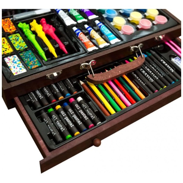 Encontraproduto.com.br - Kit de Pintura XARONF com 130 Peças e Caixa de madeira Portátil, Marrom Escuro