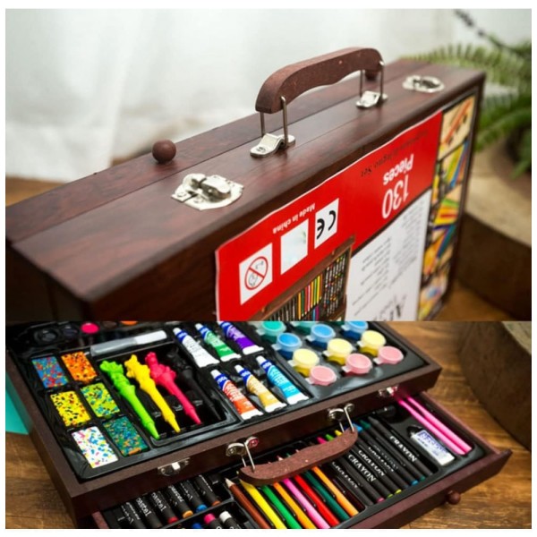 Encontraproduto.com.br - Kit de Pintura XARONF com 130 Peças e Caixa de madeira Portátil, Marrom Escuro