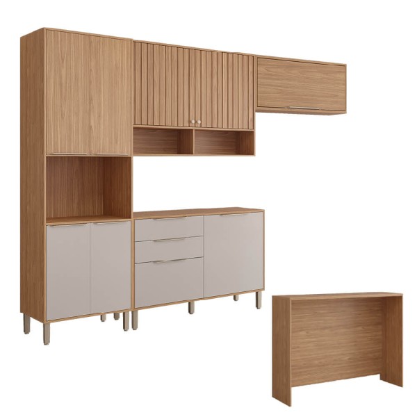 Encontraproduto.com.br - Cozinha Modulada MGM Divina 5 peças com Bancada - Freijó/Off White